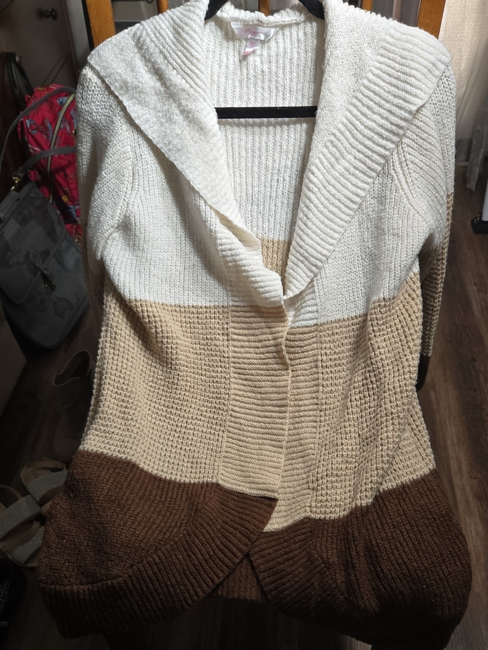 No Boundaries Hooded Colorblock Cardigan - White, Cream, Brown